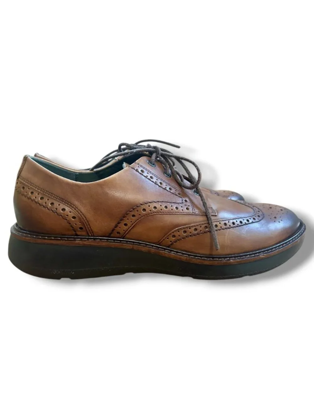 Ecco Mens Brown Leather Wingtip Brogue Tie Shoes Rubber Soles Size 46